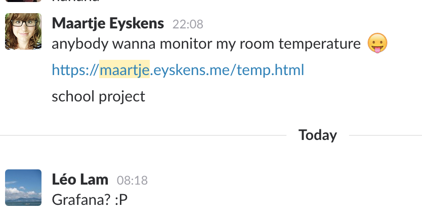 Slack chat where Léo suggest Grafana in a joking way