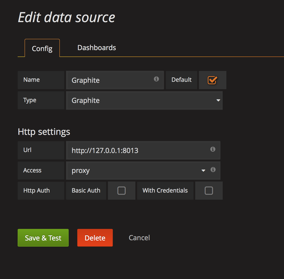 Grafana edit data source screen
