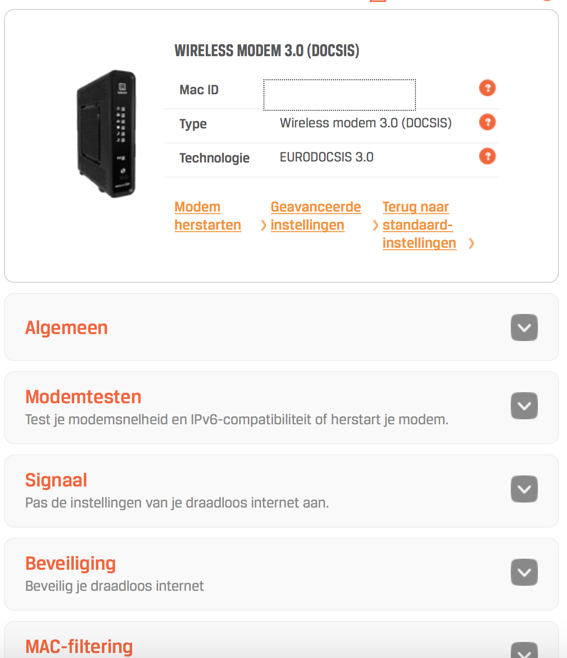 Screenshot of the modem settings